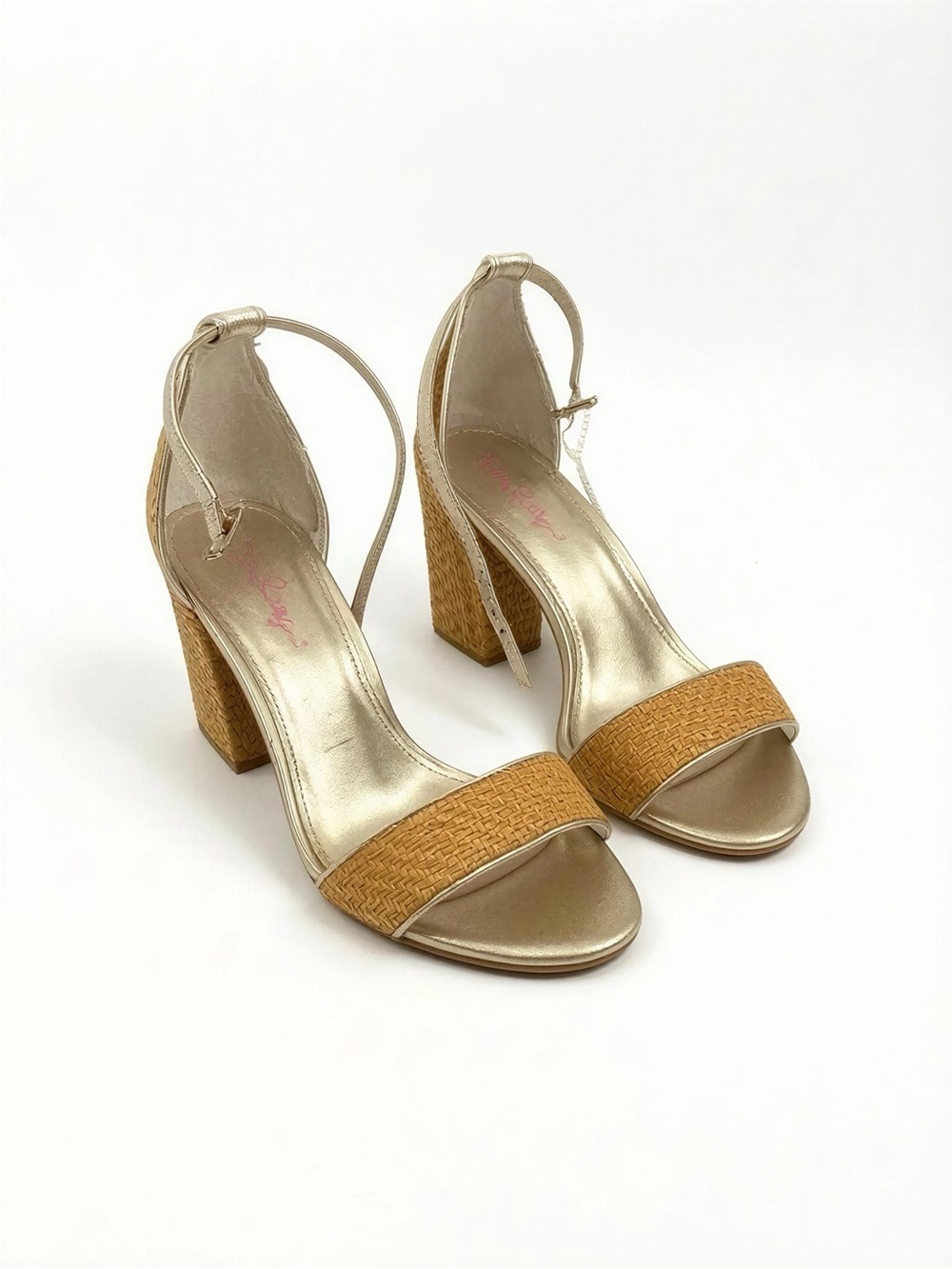 Lilly Pulitzer Gold Ankle-Strap Sandals with Tan Woven Toe Band